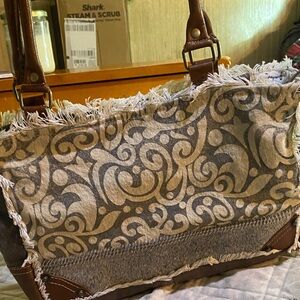 Brown and Tan Patterned Tote Myra Bag - 12” Leather straps - New